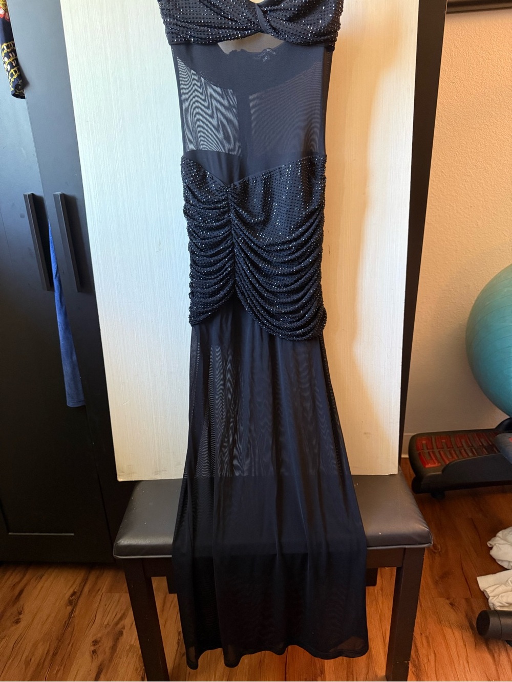 Fashion Nova Black Sheer Mesh Maxi Dress with Beaded Draped Detail